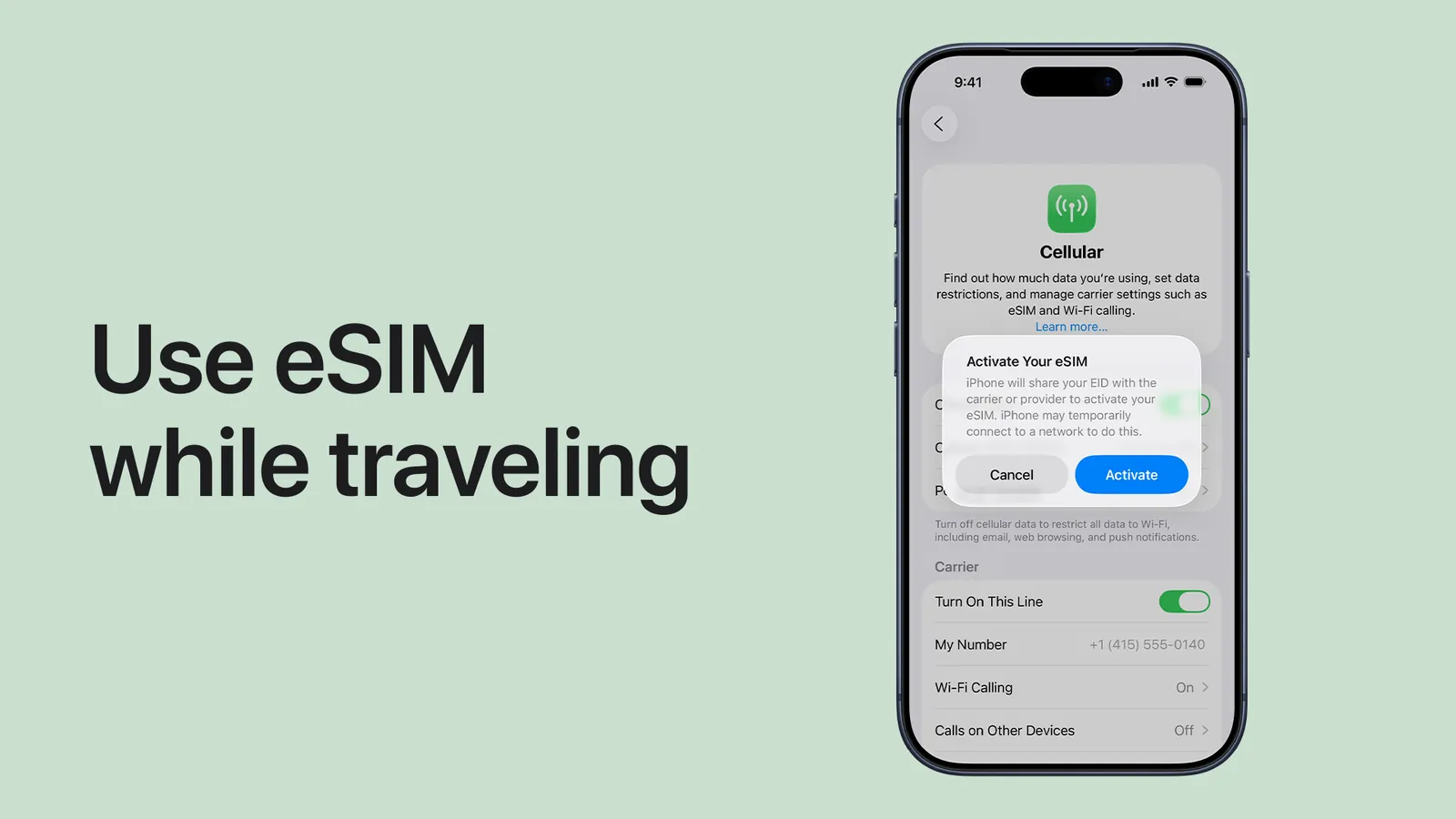 iPhone showing eSIM setup for international travel